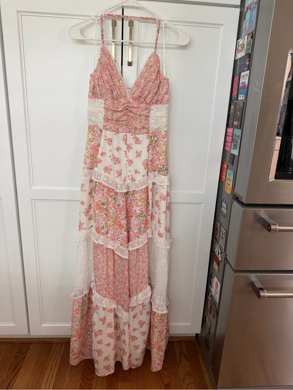 Altar'd State Pink Floral Tiered Maxi Dress with Spaghetti Straps - Picture 2 of 4
